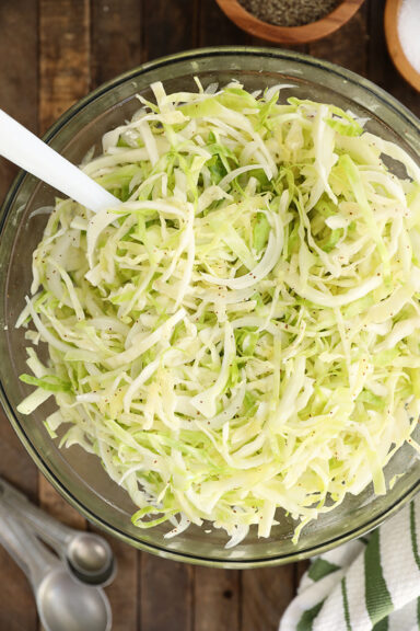 Overhead view of Vinegar Slaw in glass bowl