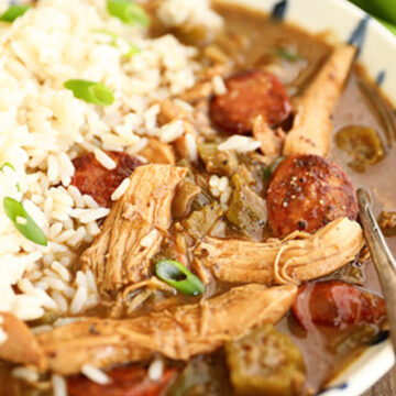 Bowl of Chicken and Sausage Gumbo with rice