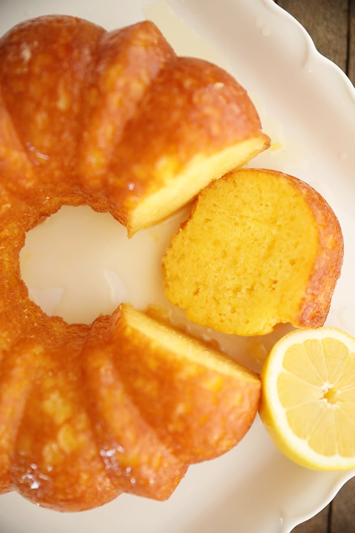 Overhead view of sliced Lemonade Cake.