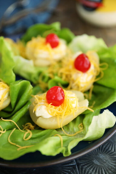 Southern Pear Salad on a blue plate.