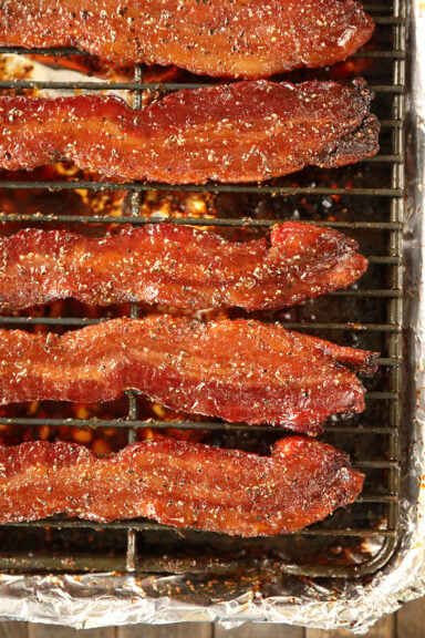 Easy Candied Bacon Strips on a Cooling Rack.