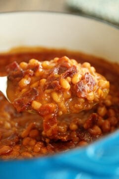 spoonful of bacon brown suagr baked beans.