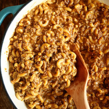 Homemade Hamburger Helper in a skillet.