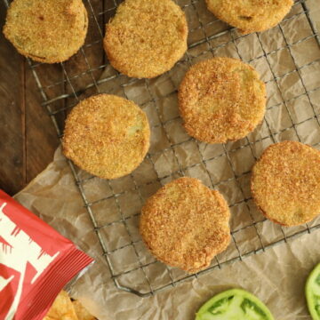 fried green tomatoes on wire rack.