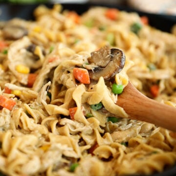 close-up view of One-Pot Chicken Pot Pie Noodles.
