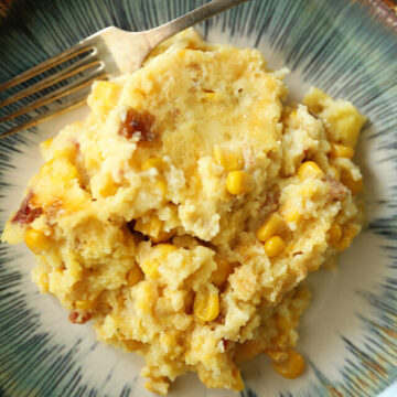 overhead view of spoon bread on plate.