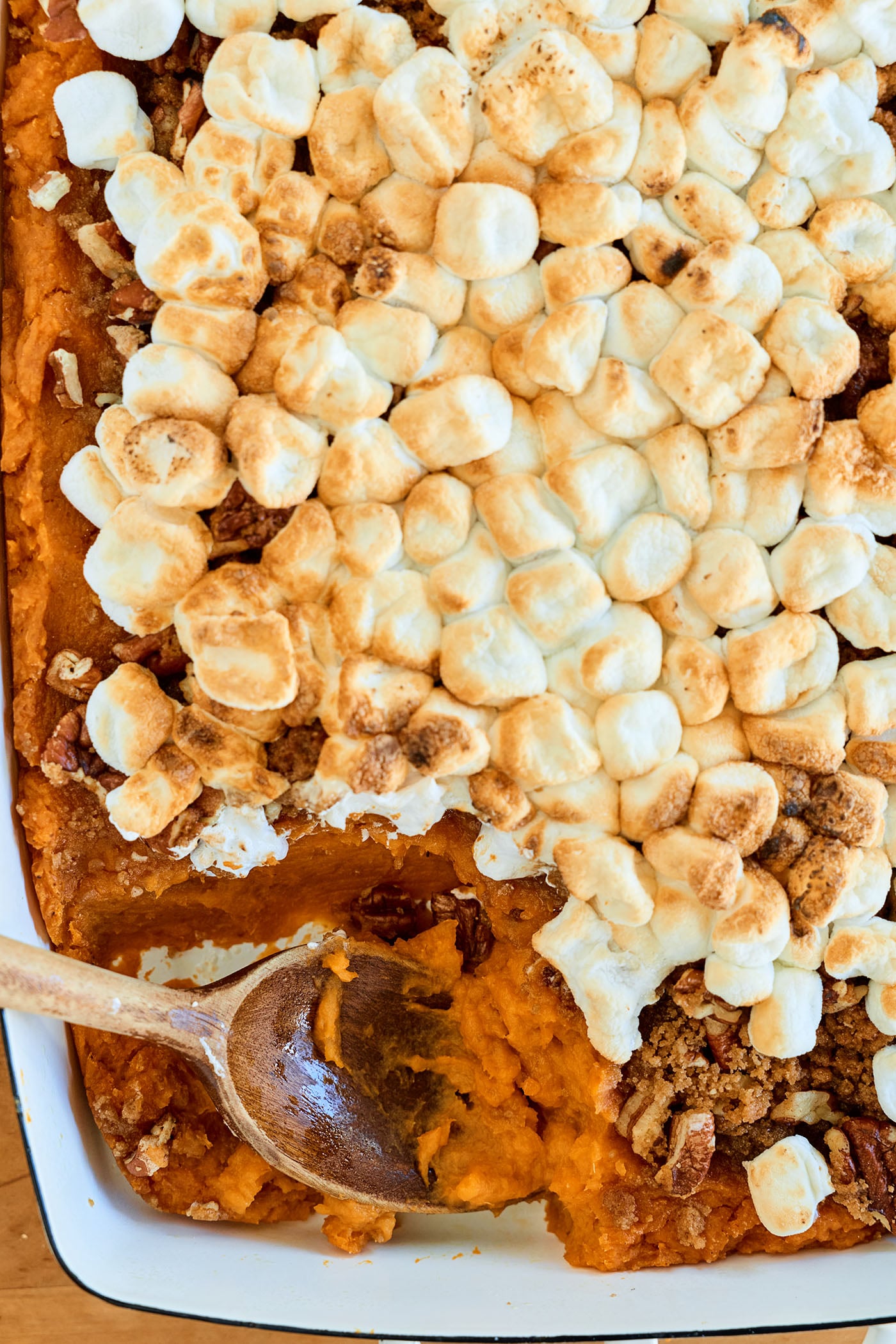 Overhead view of Ultimate Sweet Potato Casserole.