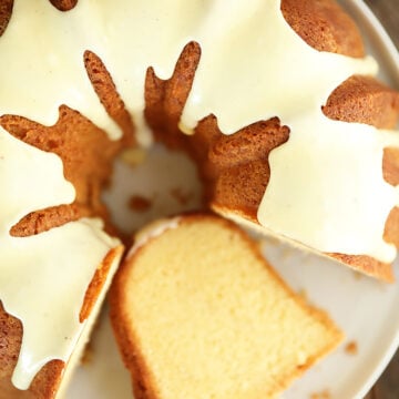 Overhead view of Eggnog Pound Cake with slice.
