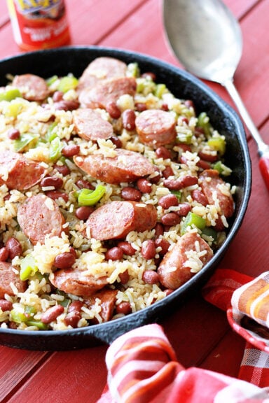 Skillet with One-Pot Red Beans and Rice.