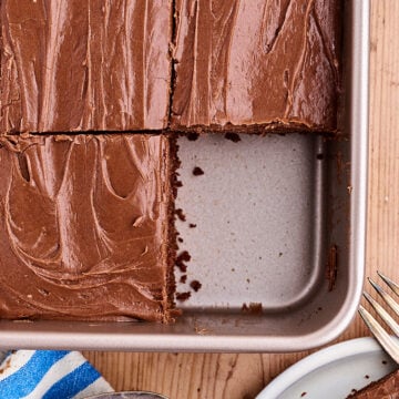 Slice missing from Buttermilk Chocolate Cake.