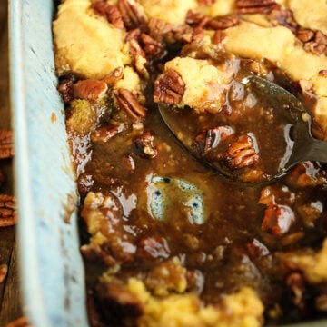 Pecan pie goo in baking dish.