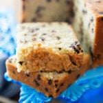 Sliced Chocolate Chip Pound Cake on a blue cake plate.