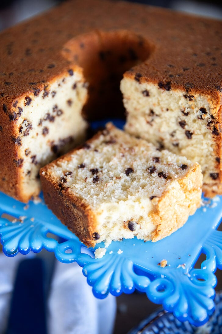 Sliced Chocolate Chip Pound Cake on a blue cake plate.