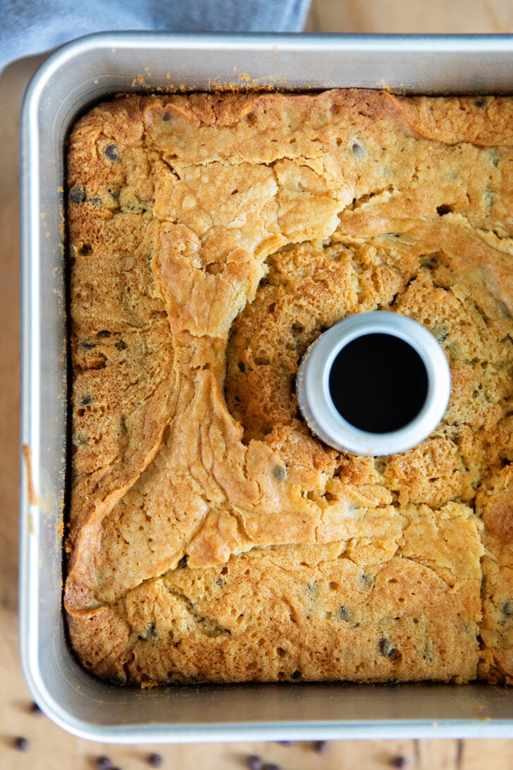 Overhead view of Chocolate Chip Pound Cake in baking pan.