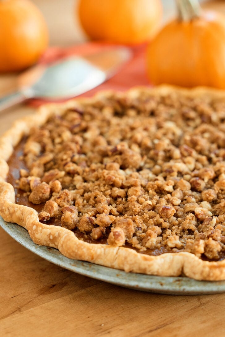 Whole Pumpkin Pie with pecan streusel topping.