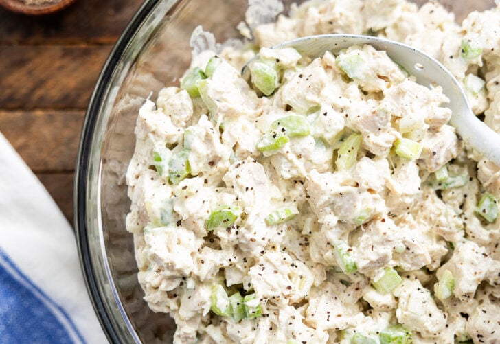 Chicken Salad in a clear glass bowl. 