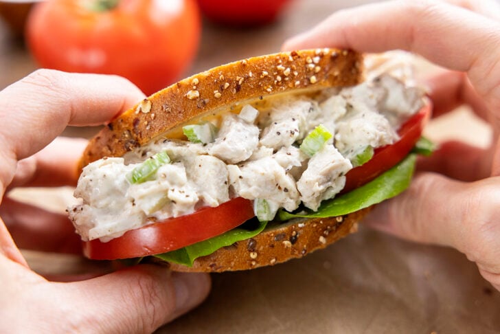 Hands holding a chicken salad sandwich.