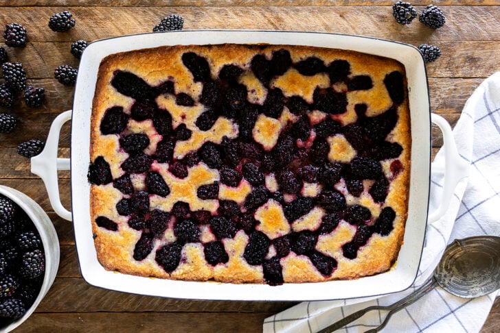 Blackberry Cobbler in a white dish. 