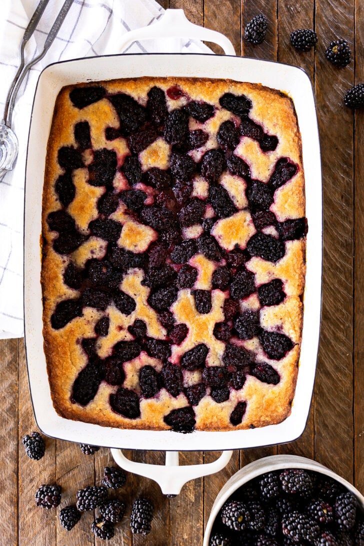 Blackberry Cobbler in a white dish.