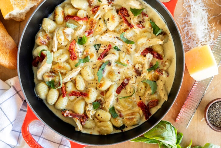 Marry Me Chicken Gnocchi in a red skillet.